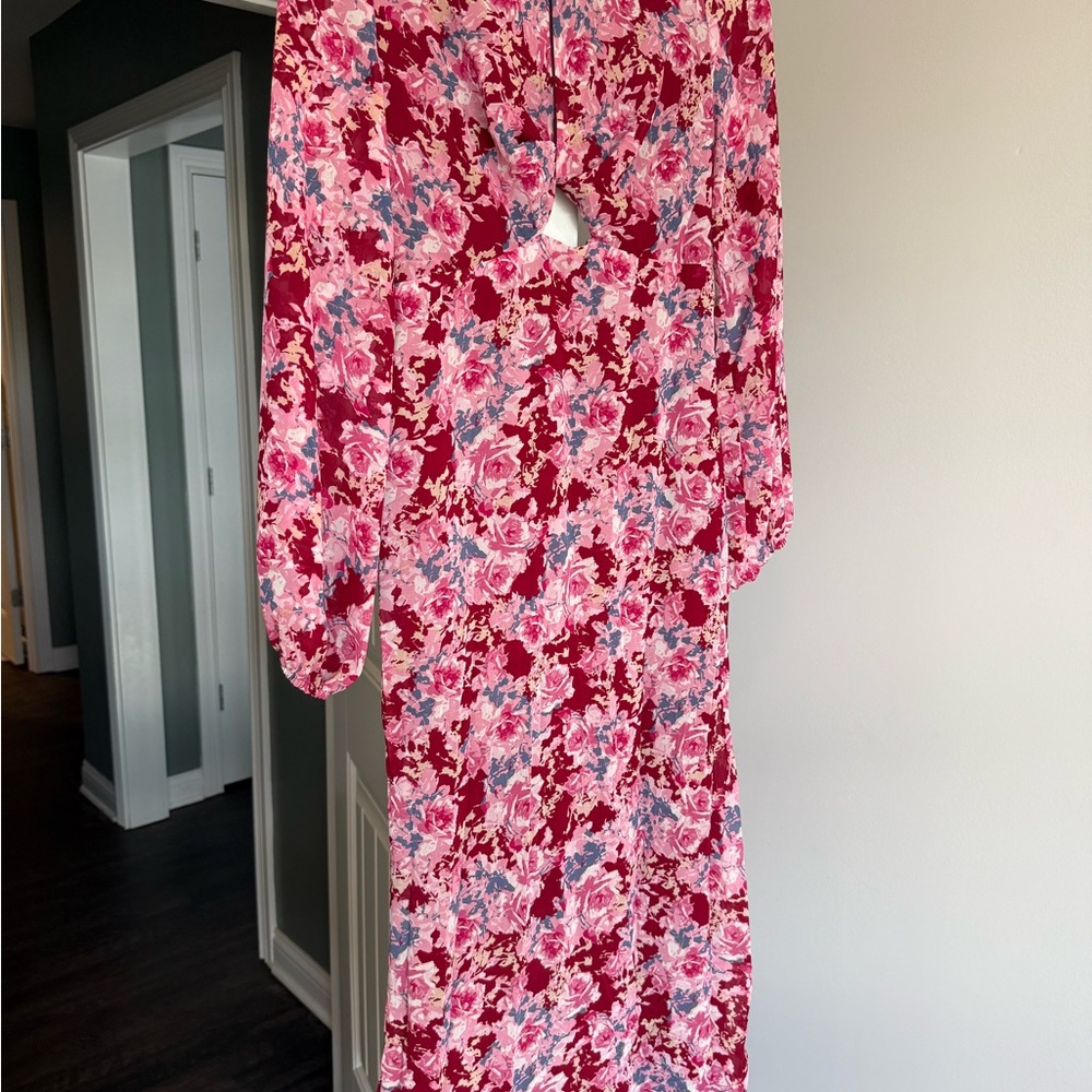 Lush Floral Midi Dress - Red and Pink